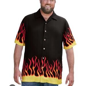 KS Island Flame Men's Shirt Button Up Camp Black Red Orange Yellow 3XL Big Men
